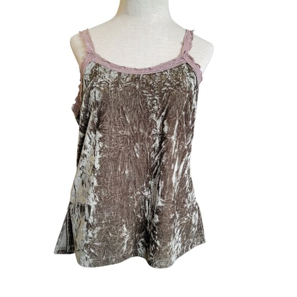 Y2K Camisole Tank Top Womens Large Spaghetti Crushed Velvet Lace Moss Green VTG - Picture 3 of 9